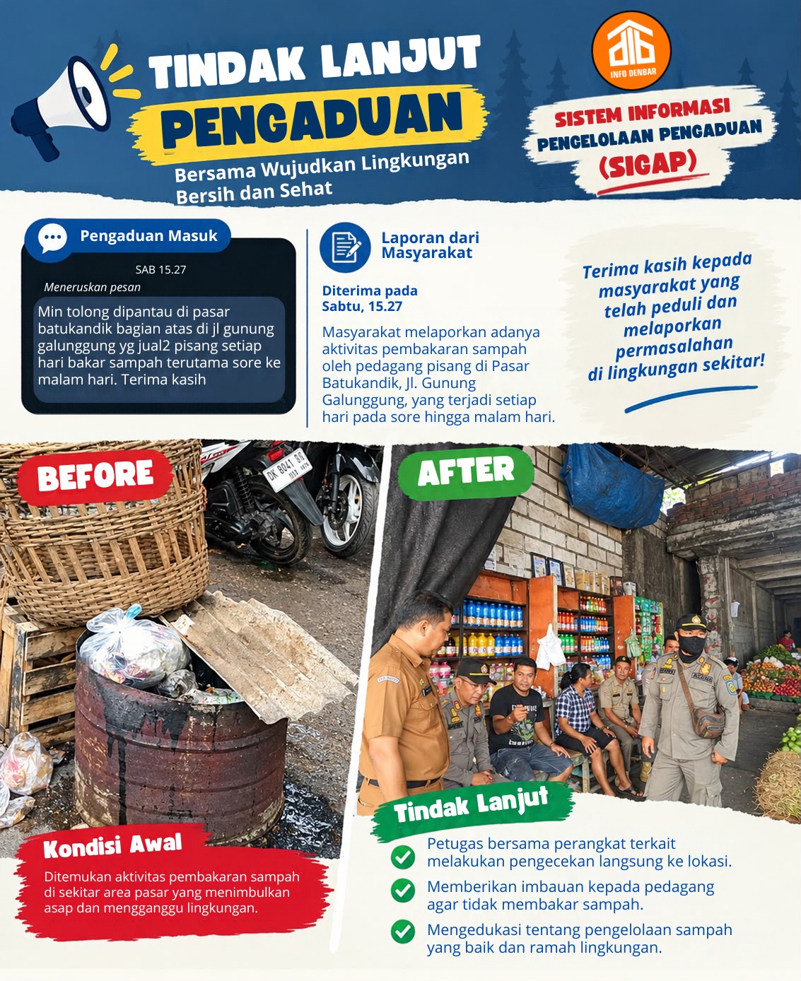 PETUGAS TINDAKLANJUT LAPORAN PEMBAKARAN SAMPAH DI PASAR BUAH